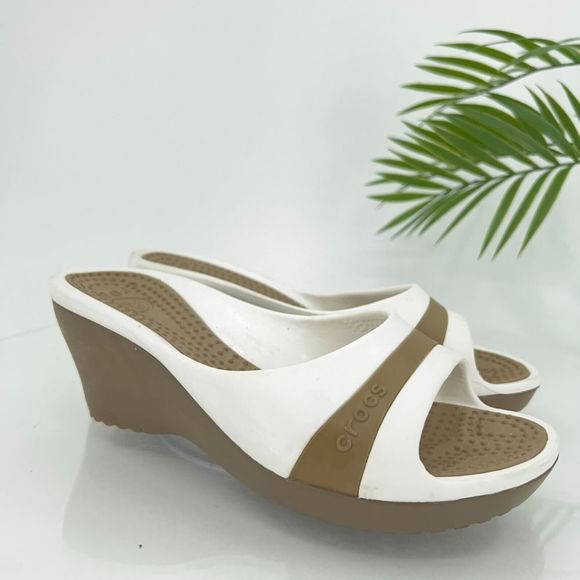 Crocs Sassari Slide Sandal Women's Size 7 Brown White Rubber Slip On Shoes - Picture 2 of 14